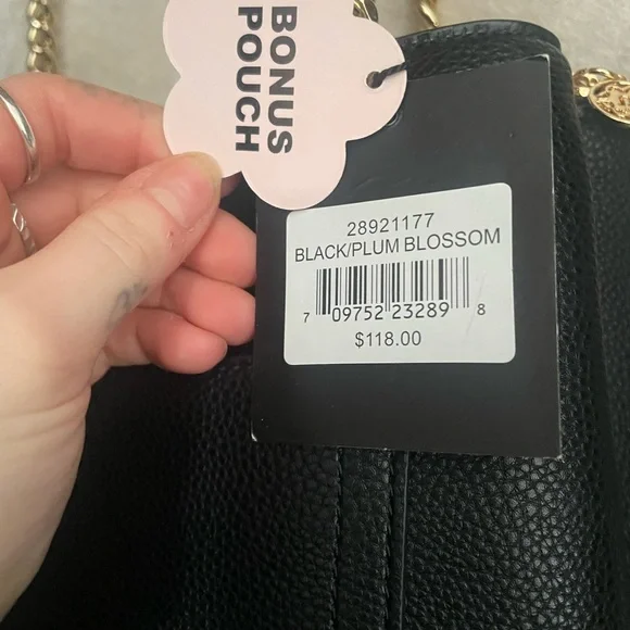 Nanette Lepore Black and Plum Blossom Women's Bag Gold Chain Bonus Pouch NWT - Picture 3 of 5